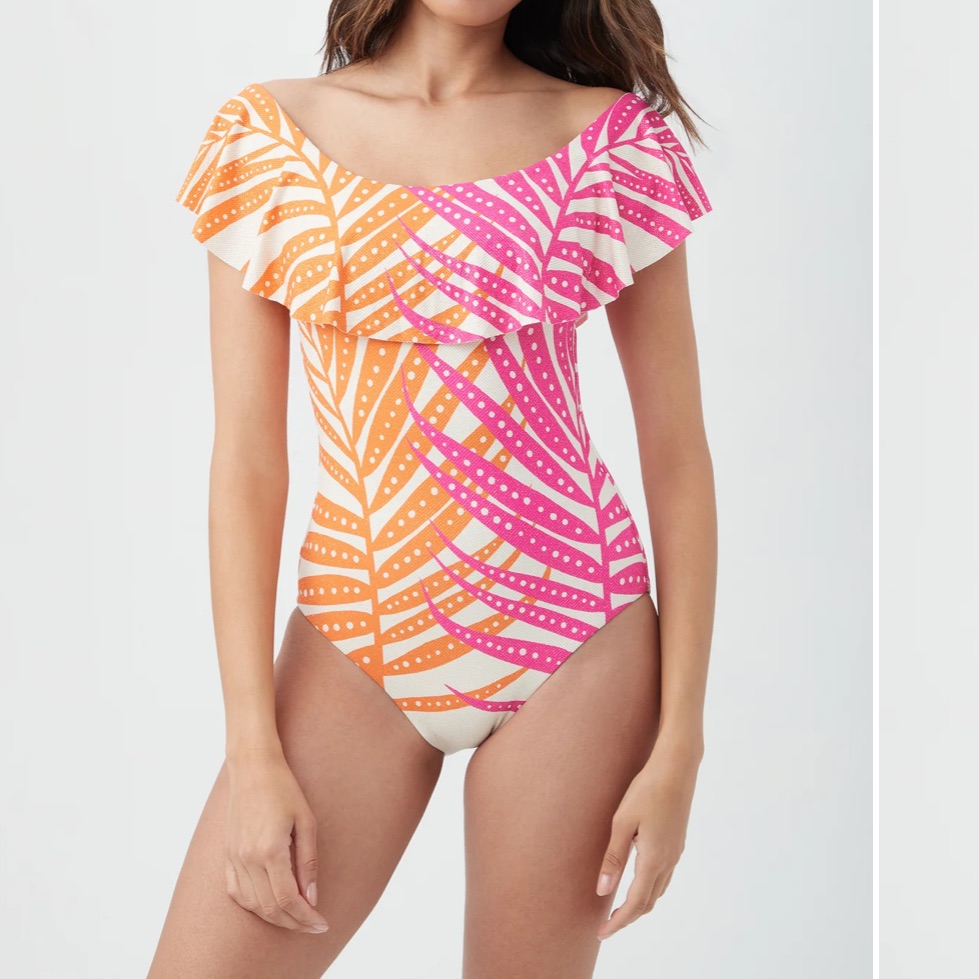 Nwttrina Turktropics Off The Shoulder One Piece Swimsuit- Pink & Orange Ruffle